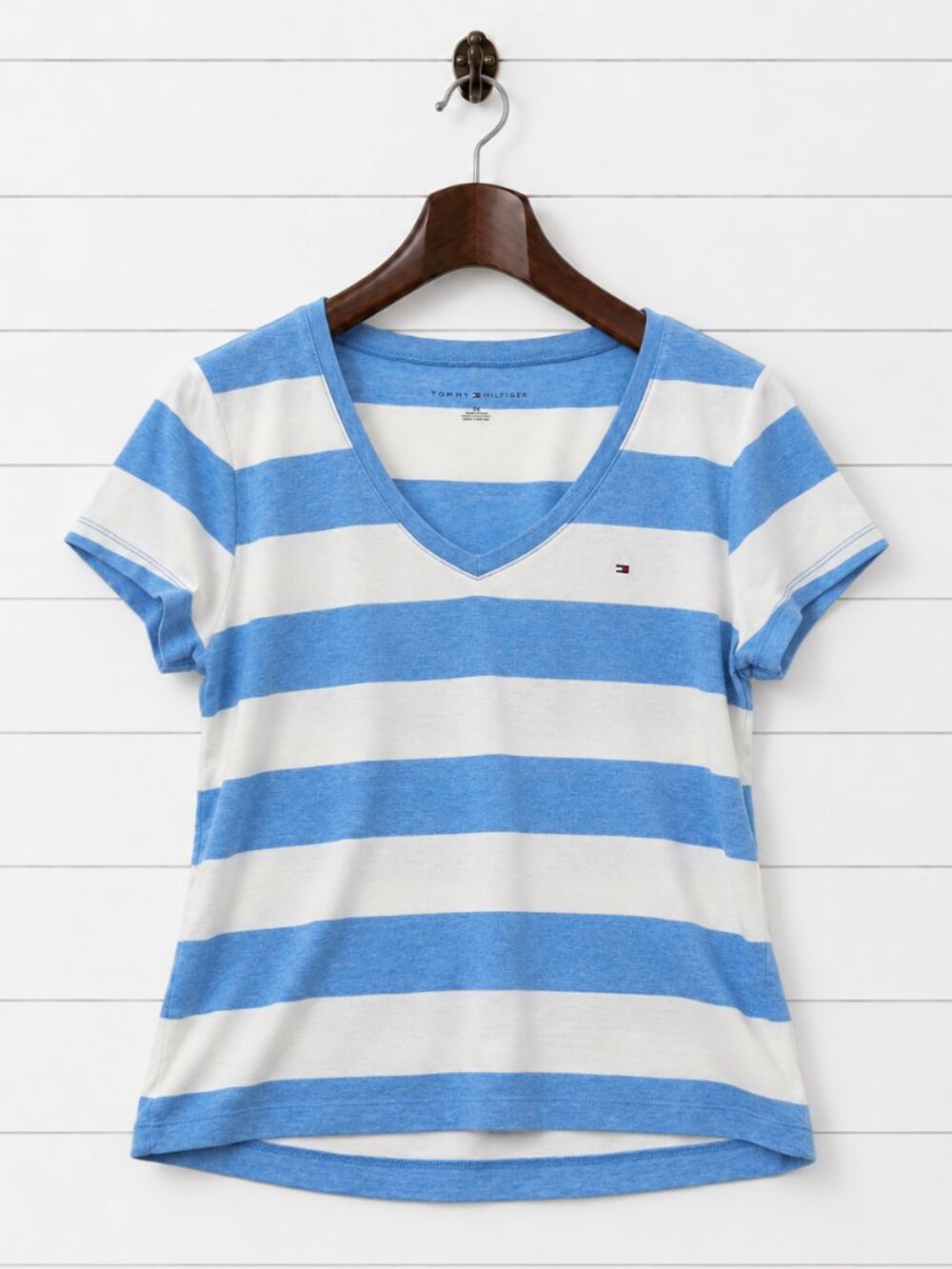 Tommy Hilfiger Women’s Blue White Stripe V-Neck T-Shirt Flag Logo Large L